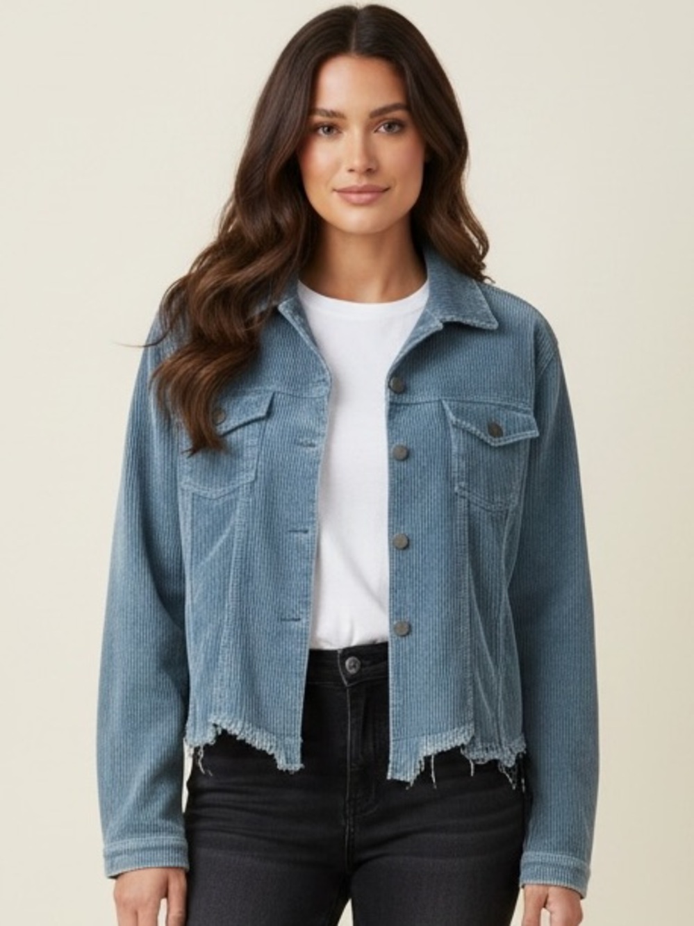POL Light Blue Cropped corduroy  Trucker  Jacket Raw Edge M